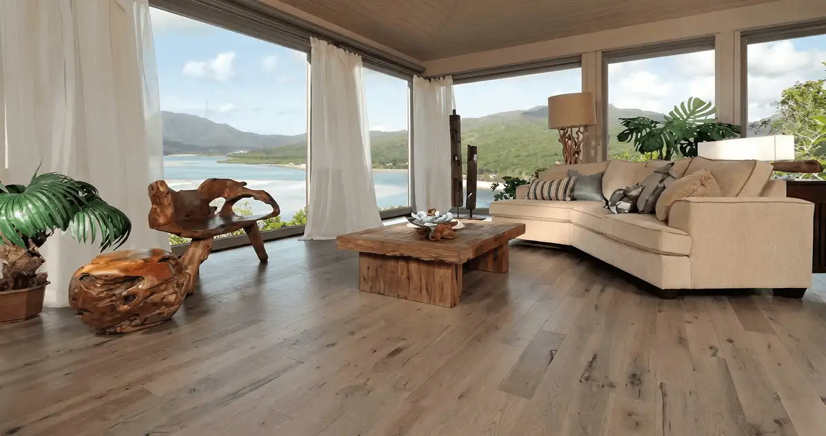 Professionally installed vinyl flooring in a modern living room with large windows in Honolulu, HI